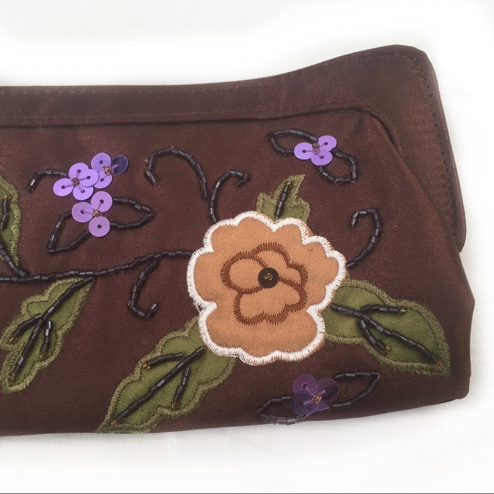 Satin Sequin Beaded Vintage Brown Clutch - Picture 2 of 7